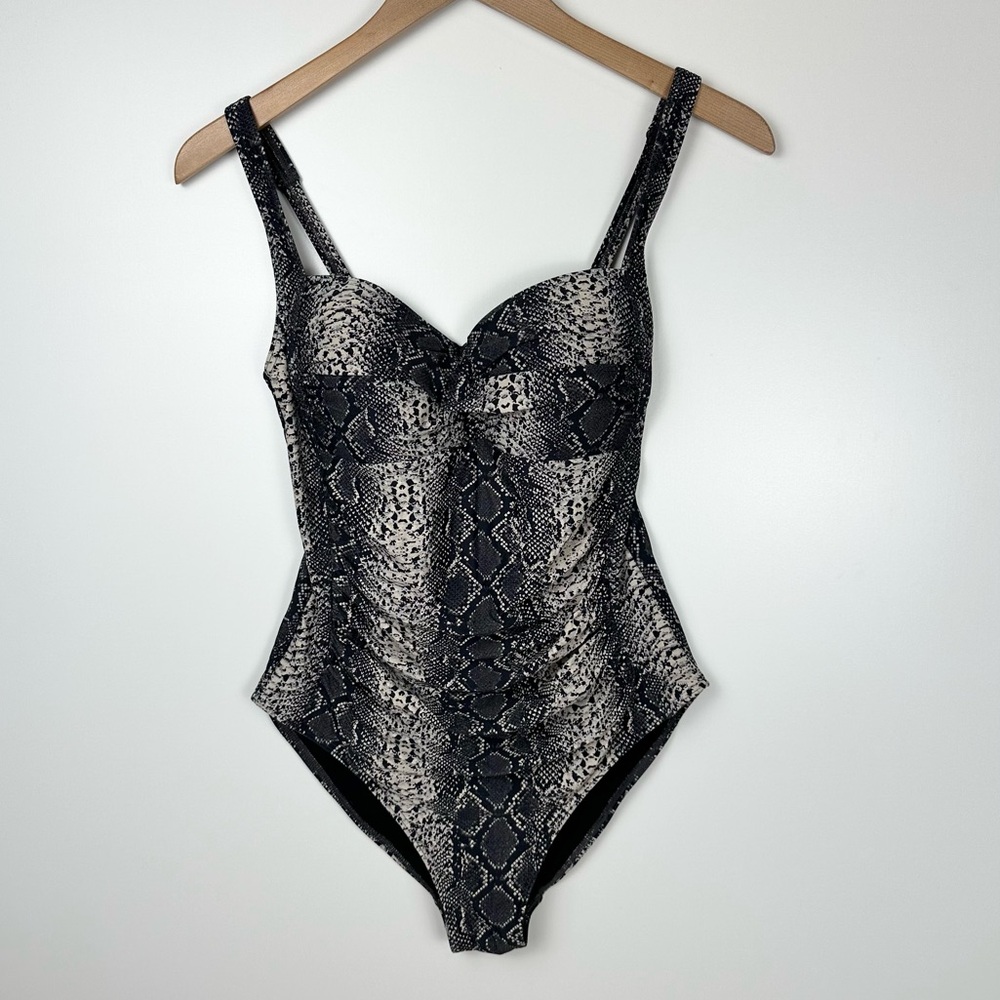 Bond-Eye Ruched Reptile Snake Skin One Piece Swimsuit